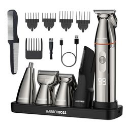 BarberBoss Rifinitore per barba, Tagliacapelli per uomo, Kit per cura della barba 5 in 1 per uomo, Set rifinitore per barba per uomo, Rasoio di precisione, Rifinitore di precisione per naso, QR-6010