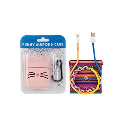 Confezione custodia Airpods a forma di gatto rosa + cavo dati USB-Lightning filo salmone