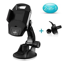 NONZERS Soprote de Coche -Brazo Adjustbles Tres Lados,Giro 360 Grado,Taza de Succión,Ventosa/Parabrisas/Salpicadero Anti-deslizante y Anti-sacudida Soporte Móvil para iPhone Samsung Android（Negro）