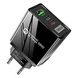 HORJOR Cargador USB C, cargador de batería para teléfono celular, 3 puertos, enchufe USB de 58 W, cargador de batería PD y QC, cargador de teléfono celular para iPhone 14 Pro Max/13/12/11/Xs/Xr/X/8, Samsung, iPad, Huawei, Google
