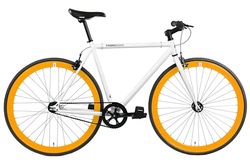 FabricBike Original - Bicicletta a scatto fisso, 28 pollici, Fixie Bike, Single Speed, Telaio Hi-Ten Acier, 10,45 kg (taglia M) (White & Orange, S-49cm)