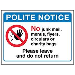 V Safety Polite Notice: No Junk Mail Or Charity Bags Sign - 150mm x 100mm - Self Adhesive Vinyl