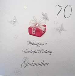 white cotton cards 70 'Wishing you a Wonderful Godmother' ręcznie robiona kartka na 70. urodziny, biała, bdp70-Godm