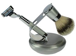 Facial Soap Brand Fantasy Model Shaving Set with Integrated Shell, Synthetic Brush Hair, Razor With Blades Mach, Metal, Silver / Chrome Colors, which include Shaving Soap H