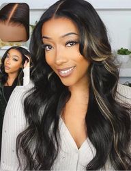 UNICE Bye Bye Knots Glueless Wig Body Wave 7x5 Pre Cut Lace Front Wigs Human Hair Bleached Knots Balayage Black Blonde Highlights Put on and Go Human Hair Wig Pre Plucked 150% Density 24 inch