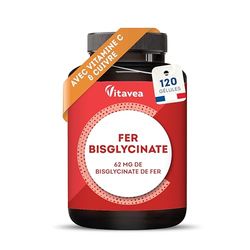 Fer Bisglycinate 14 mg + Vitamine C - Haute absorption, Réduit la Fatigue, Soutien Immunitaire - Avec Cuivre - 120 gélules Vegan - Fabriqué en France - Vitavea