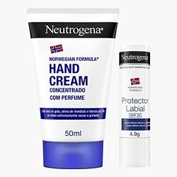 Neutrogena Fórmula Noruega creme de mãos concentrado (50 ml) protetor labial SPF 20 (4,8 g), creme para mãos reparador com perfume, bálsamo hidratante para lábios secos