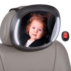 Baby bilspegel med Interbaby LED-ljus | okrossbar, 360° rotation, universell justering | Baksitsspegel för spädbarn, enkel installation, fjärrkontroll, svart