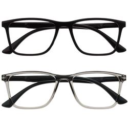 OPULIZE NYX Blue Light Blocking Reading Glasses - Anti-Glare Computer and Gaming Eyewear - 2 Pack - UV and Eyestrain Protection - Rectangular Frame - Black Grey - Men Women - + 1.50