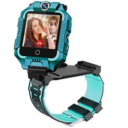 ele ELEOPTION 4G Smartwatch voor kinderen, GPS-smartwatch met 360° dubbele camera, wifi, videogesprek, SOS, stappenteller, IP67 waterdicht, smartwatch voor meisjes en jongens, blauw