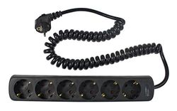as - Schwabe 11462 Extensão de tomadas de 6 vias preto com cabo em espiral preto 2,5 m de cabo em espiral H05VV-F 3G1,5, IP20 uso interno