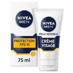 NIVEA MEN Crème Visage FPS 15 pour peaux sensibles (1 x 75 ml), soin visage hydratant homme 0% alcool, crème pour homme à la peau sensible et irritée, crème solaire visage pour homme