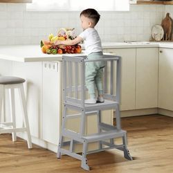 COSYLAND Leertoren vanaf 18 maanden – Kinderstoel van bamboe – met kantelbeveiliging, antislipmatten, 2 treden en veiligheidsbeugel – voor badkamer, kinderkamer en keuken – Grijs