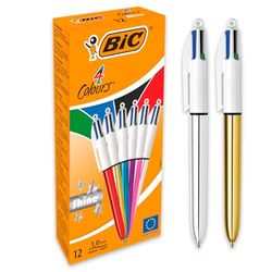 BIC 4 Colori Shine, Penne Multicolore, Set 12 Penne a Sfera a Scatto con Fusti dai Colori Metallici, Cancelleria Scuola e Ufficio