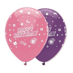 Creative Party Digital Game Latex Balloons, 6 Video Game Happy Birthday Balloons, Pink and Purple, Balloons for Girls and Boys, Gamer Theme Party Supplies, RB358