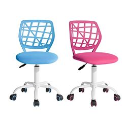 FurnitureR Bureau-kantoorstoel, stoffen zitting, ergonomische studeerstoel zonder armleuning, in hoogte verstelbare draaistoel, set van 2, roze + blauw, 40 x 38,5 x 87 cm