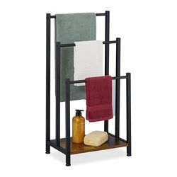 Relaxdays Towel Rack with Shelf, 3 Bars, HWD: 80 x 40 x 28 cm, Freestanding Rails, Bathroom Airer Stand, Brown/Black, Iron, Fibreboard