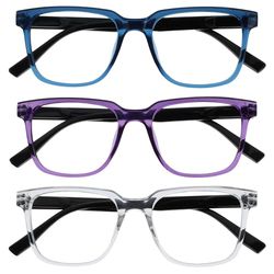 OPULIZE LEO Occhiali da lettura - Pacco da 3 - Montatura rettangolare grande - Blu, Viola, Chiaro - Uomini Donne - Cerniere a molla - RRR55-35C - +2.00