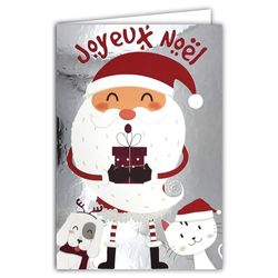 Tarjeta de Papá Noel Feliz Navidad plateada brillante con sobres blancos, formato 12 x 17,5 cm, sombrero de gato, animal o gorro de regalo de invierno, mejores deseos de fin de año para niños sabios.
