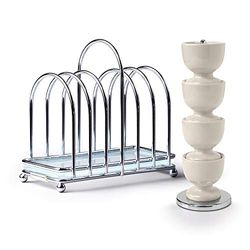 Zeal BASET9C Breakfast Set Set of 4 Melamine Stacking Egg Cups on Stand with Chrome and Glass 6 Piece Toast Rack, Cream