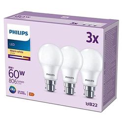 PHILIPS Confezione da 3 lampadine LED satinate A60 (bianco caldo 2700 K – attacco a baionetta B22) 60 W, non dimmerabile, per illuminazione interna domestica