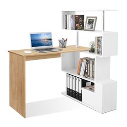 Meerveil Computertafel, L-vormig, hoekbureau, met 360 graden draaibare boekenkast voor werkkamer, woonkamer, kantoor, 157 x 45 x 130,5 cm, wit (tafelblad) en eiken (rek)