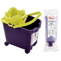 Mery | Set cubo e mocio in microfibra | Benna scolapiatti automatica e ruote a 360º | Extra Large Mop Head Absorbent Mop Non lascia Ratro | Viola | 14L | Dimensioni :38,2 x 25,5 x 39,5 cm