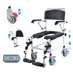 VEVOR Fauteuil Roulant de Toilette avec 4 Roues Verrouillables, Repose-pieds, Bras Rabattables, Hauteur Réglable sur 3 Niveaux, Seau Amovible 5 L, Charge 158,8 kg, Chaise Percée pour Personnes Âgées