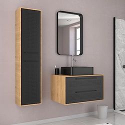 AURLANE Meuble Salle de Bains 80 cm, Vasque Rectangle, Miroir et Colonne - Chêne Naturel et Noir - UBY