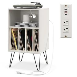 FANTASK Platenspelerstandaard met laadstation, 3-traps platenstandaard, vinylplaten, opbergtafel met plank en 4 scheidingswanden voor woonkamer, 48 x 40 x 88 cm