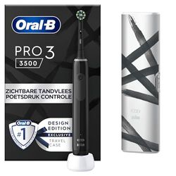 Oral-B PRO 3 3500 elektrische tandenborstel met 3 poetsstanden en 360° visuele drukregeling voor tandverzorging, gestreepte reisetui voor heren/dames, ontworpen door Brown, zwart