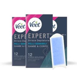 Veet Expert Strice Depilatorie Gambe e Corpo, Ceretta per Pelli Sensibili con Olio di Mandorla, Dermatologicamente Testate, 36 Strisce (18x2 Strisce) + 6 Salviette Post-Epilazione con Olio D'Argan