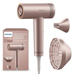 Secador de pelo Philips Serie 8000 de alta velocidad, tecnología ThermoShield Advanced, iónico, boquilla de peinado y difusor, cuidado del cuero cabelludo, 1400W, color rosa champán, modelo BHD837/10