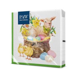 PAW - Papieren Servetten 3-laags (33 x 33 cm) I 20 Stuks I Perfect voor Pasen, Feesten, Lente en Vieringen I Tafeldecoratie Paasfeest Kleurrijke Papieren Servetten I Lam Mand