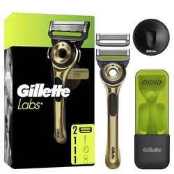 GilletteLabs With Exfoliating Bar, Razor For Men Champion Gold Edition, 1 Handle - 2 Blades, Includes Travel Case for Convenient Storage On The Go and Wall Hanger for Easy Storage in the Bathroom