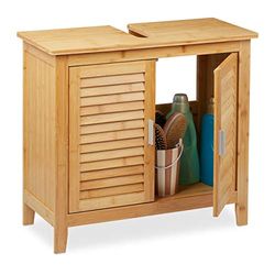 Relaxdays Armoire Dessous lavabo Bambou, 60x67x30 cm, 1 Grand Compartiment, 2 Portes, magnétique, Salle de Bain, Nature