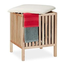 Relaxdays Wäschekorb aus Walnussholz mit Sitz Taburete Cuadrado con Cesto Ropa Sucia, Banco Almacenaje Madera/Tela, Baño 40l, 51x41x41cm, Natural/Blanco, Poliéster