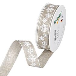 Halbach Seidenbänder Cadeaulint Kerstmis linnen 25 mm x 15 m cadeaulint natuur voor Kerstmis voor het inpakken van geschenken, lint linnen sneeuwster met draadranden