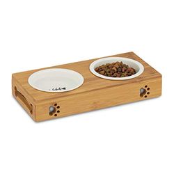 Relaxdays hundmatningsstation i bambu, 2 keramiska skålar, vatten och mat, diskmaskinssäker, katter, olika uppsättningar, naturlig, 5,5 x 29,5 x 14 cm