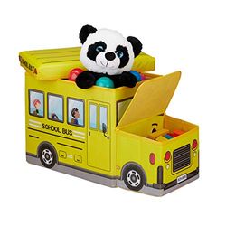 Relaxdays Tabouret Coffre boîte à Jouets Couvercle Pouf Enfant Pliable Auto 50 litres, Bus Ecole, Polyester, School, 33 x 27 x 56 cm, Jaune