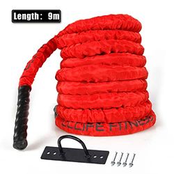 CCLIFE Battle Ropes med hållare 9 m 12 m 15 m Ø 38 mm, träningsrep, träningsrep, sportrep, stridsrep för gym, muskelbyggnad, storlek: 9 m med rött skyddsfodral