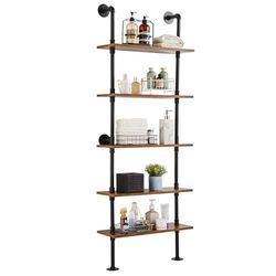 VEVOR Industrial Pipe Shelf, 5 Tier 24x9.84in, Wall-Mount Floating Rustic Wood Shelves Bracket Display Bookshelf, Storage Rack Sundries Holder for Kitchen Bedroom Bathroom Living Room, Black