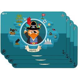 Venilia Toalha de mesa para crianças, toalha de mesa individual para a sala de jantar, adequada para alimentos, azul, 4 cortes, 45 x 30 cm, 59113, Pri Pirate, 30 x 45 cm, 4