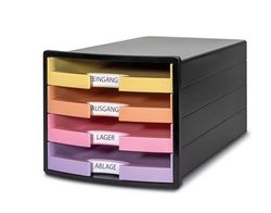 HAN Impuls 2.0 Drawer Box with 4 Open Storage Drawers for DIN A4/C4, Desk Drawer Including Labelling Labels, Pull-Out Lock, Furniture-Friendly Rubber Feet, Premium Quality, 1013-139, Black/Pastel