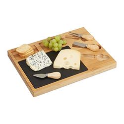 Relaxdays kaasplank set, met 3 kaasmessen, bamboe, leisteen, HxBxD: 3 x 40 x 30 cm, serveerplank, kaasbestek, natuur