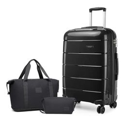 Kono Set di 3 valigie da viaggio di medie dimensioni, con borsa da viaggio e borsa da toeletta, trolley leggero in polipropilene con chiusura sicura TSA, Nero, 24 Inch Luggage Set, alla moda