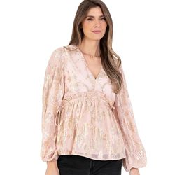 Lovedrobe kvinnor peplum topp långärmad V-halsband guld foiled blommig jacquard Gathered midja ruffle frill blus ljusrosa 50, Blekrosa, 50 SE