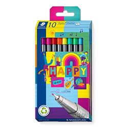 STAEDTLER Triplus Happy Fineliner 334 C10 HA Ergonomic Triangular Shaft, Super Fine, Metal-Encased 0.3 mm Tip, Long Life, 10 Fineliner Pens in Assorted Happy Colours in Cardboard Case