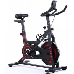 BAKAJI Hometrainer, spinning bike met lcd-display, tijdmeting, calorieën, afstand, fiets, training, fitness, fitnessstudio, met gevoerde zitting, verstelbaar, ideaal voor cardio, benen, buik, heupen,