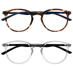 OPULIZE Met Gafas de Lectura Bloqueo de Luz Azul 2-Pack Montura Redonda Marrón Carey Transparente Resistente a Arañazos Bisagras de Muelle Ordenador Gaming Antirreflejante Hombre Mujer BB60-2C +1.50